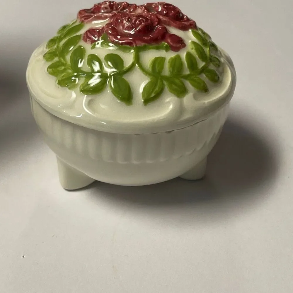Vintage porcelain trinket box raised roses footed Victorian antique style shabby